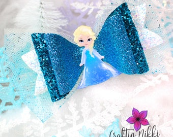 Teal Blue Frozen Snow Queen Chunky Glitter and Tulle Hair Bow Clip | White Snowflakes Straw Topper, Badge Reel, & Pet Bow | Holiday Gifts