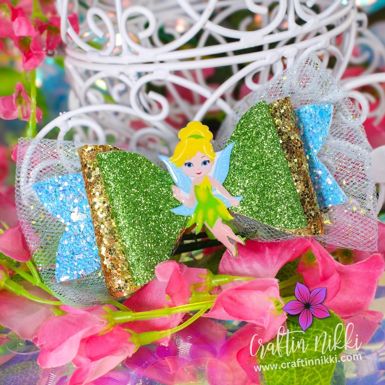 Cute Green Fairy Wing Chunky Glitter and Tulle Hair Bow Clip Straw Topper & Badge Reel Peter Pan wings image 1