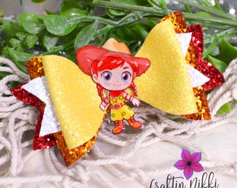 Cowgirl Toy Doll Story Yellow and Red Chunky Glitter Hair Bow Clip | Straw Topper & Badge Reel | Jessie Girl