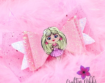 Fashion Doll Pink and White Gingham Plaid Chunky and Fine Glitter and Tulle Hair Bow Clip | Straw Topper &  Badge Reel | Holiday Gift