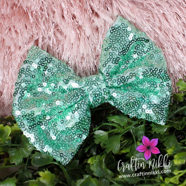 Mint Green Sequin Fabric Hair Bow Clip | Adult and Child Size Bows for Spring Easter and St. Patricks Day