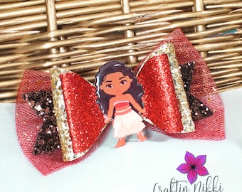 Polynesian Brunette Princess Gold and Red Chunky Fine Glitter and Tulle Hair Bow Clip | Straw Topper, Badge Reel, & Pet Bowtie | Island Girl