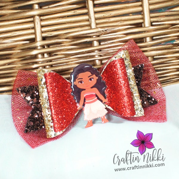 Polynesian Brunette Princess Gold and Red Chunky Fine Glitter and Tulle Hair Bow Clip | Straw Topper, Badge Reel, & Pet Bowtie | Island Girl