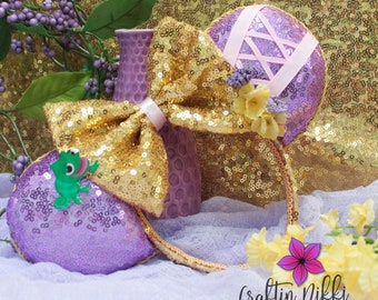 Rapunzel Long Golden Hair Princess Sequin Ears | Purple, Gold & Pink Glitter bow with Yellow Flowers and Green Lizard Mouse Headband