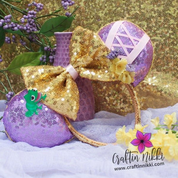 Rapunzel Long Golden Hair Princess Sequin Ears | Purple, Gold & Pink Glitter bow with Yellow Flowers and Green Lizard Mouse Headband