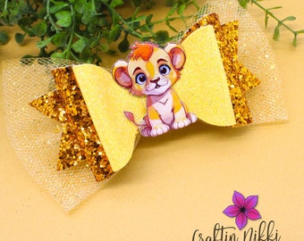 Lion Cub Girl Orange Chunky Glitter Hair Bow Clip | Straw Topper & Badge Reel | African Lions Princess