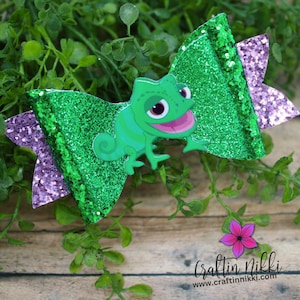 Cute Rapunzel Chameleon Lizard Friend Green Chunky Glitter Hair Bow Clip | Straw Topper & Badge Reel