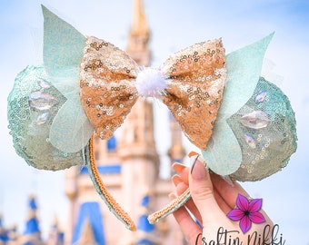 Green Fairy Wings Sequin Ears | Light Green & Gold Glitter and Tulle Bow Adjustable Headband | Peter Pan Mouse Wings