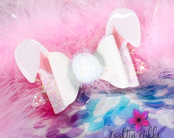 White Easter Bunny Ears and Tail Chunky Glitter Leather Hair Bow Clip | Straw Topper, Badge Reel, & Pet Bowtie