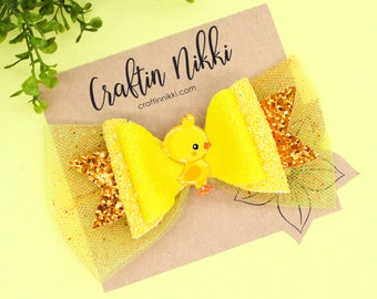 Yellow Chick Chicken Chunky Glitter Leather Hair Bow Clip | Straw Topper, Badge Reel, & Pet Bowtie | Easter bows