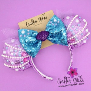 Purple Mermaid Princess Sequin Ears with White Pearls | Turquoise & Pink Pearls Bow Adjustable Headband | Mouse Mermaids