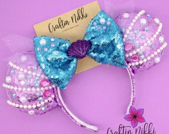 Purple Mermaid Princess Sequin Ears with White Pearls | Turquoise & Pink Pearls Bow Adjustable Headband | Mouse Mermaids
