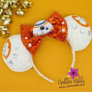 Orange Mech Droid Star Galaxy Wars Sequin Ears | White Sequin Bow and Adjustable Headband Mouse