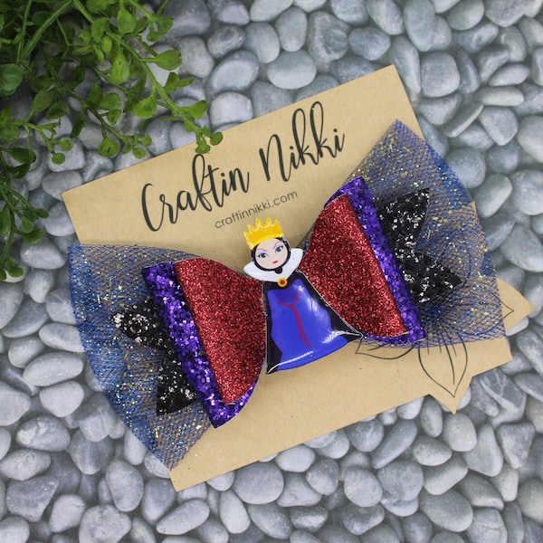 Evil Queen Black and Purple Chunky Glitter and Tulle Hair Bow Clip | Straw Topper & Badge Reel | Snow White Inspired