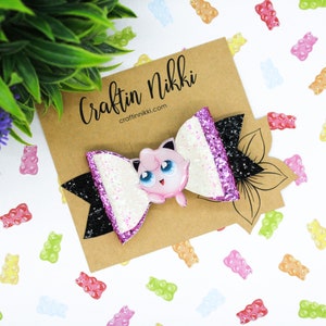 Jigglypuff Pink Chunky Pocket Monster Glitter Leather Hair Bow Clip | Straw Topper & Badge Reel