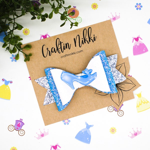 Glass Slipper Blue Chunky Glitter Hair Bow Clip | Straw Topper & Badge Reel | Cinderella