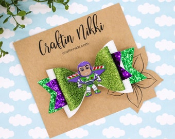 Astronaut Green Rocket Man Chunky Glitter Hair Bow Clip Set | Straw Topper & Badge Reel | Infinity Buzz Toy Wings
