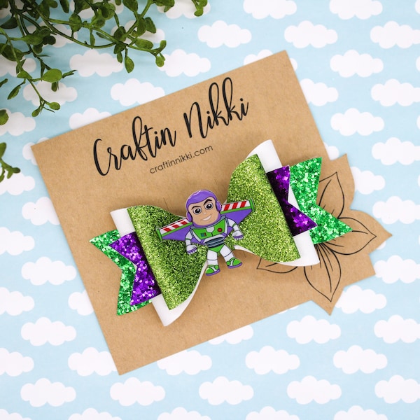 Astronaut Green Rocket Man Chunky Glitter Hair Bow Clip Set | Straw Topper & Badge Reel | Infinity Buzz Toy Wings