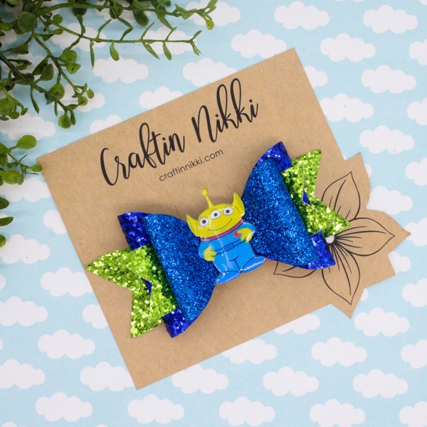 Green Alien in Blue Chunky Blue Eyes Fine Glitter Hair Bow Clip | Straw Topper & Badge Reel and Pet Bowtie | Story Toys