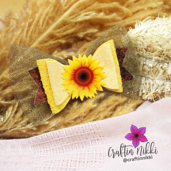 Large Yellow Sunflower Chunky and Fine Glitter and Tulle Hair Bow Clip Set | Straw Topper, Badge Reel, & Pet Bowtie | Fall Autumn Colors