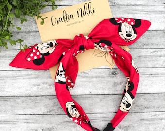 Red Mouse Cotton Fabric Tie Knot Bow Headband for Adults & Children | one size fits all | Minnie Christmas Gifts