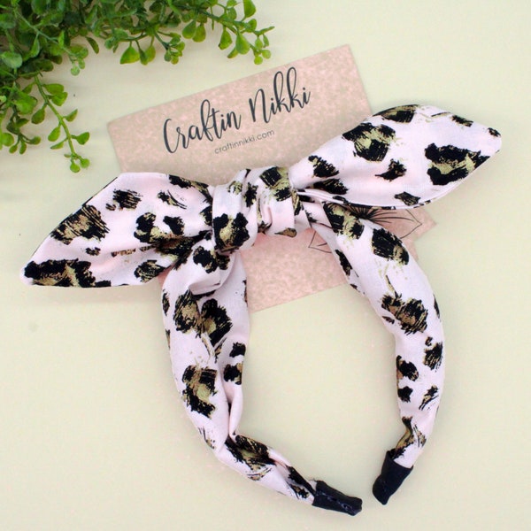 Pink and Black Cheetah Animal Print Cotton Fabric Tie Knot Bow Headband for adults & children | one size fits all OSFA