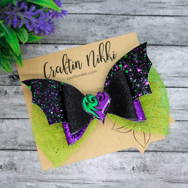 Villain Kid Black Purple and Green Dragon Wings Chunky Glitter and Tulle Hair Bow | Straw Topper & Badge Reel | Wicked Fairy Mal