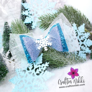 White and Teal Snowflake Blue Glitter Hair Bow clip with Tulle Clip Bow Set | Straw Topper, Badge Reel, & Pet Bows | Frozen Queen