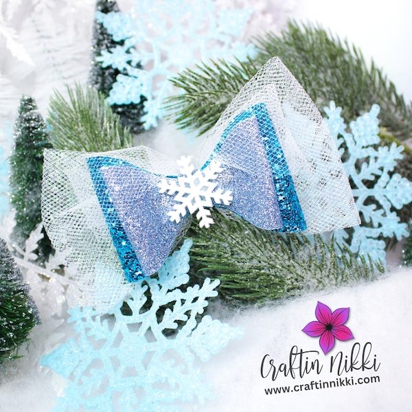 White and Teal Snowflake Blue Glitter Hair Bow clip with Tulle Clip Bow Set | Straw Topper, Badge Reel, & Pet Bows | Frozen Queen