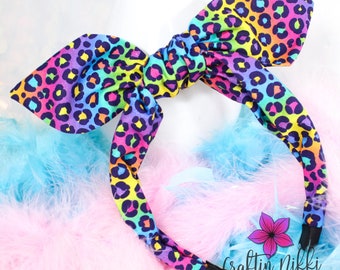 Pink Rainbow 90s Cheetah Animal Print Cotton Fabric Tie Knot Bow Headband for adults & children | one size fits all