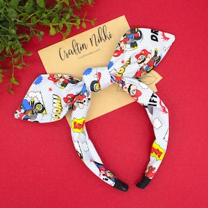 White and Blue Plumber Gamer Kart Cotton Fabric Tie Knot Bow Headband for adults & children | one size fits all | Mario Boho Game Fashion