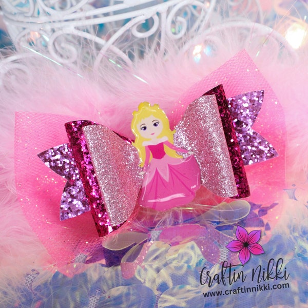 Pink Sleeping Princess Chunky Glitter and Tulle Hair Bow Clips | Straw Topper, Badge Reel, & Pet Bows | Beauty Sleep