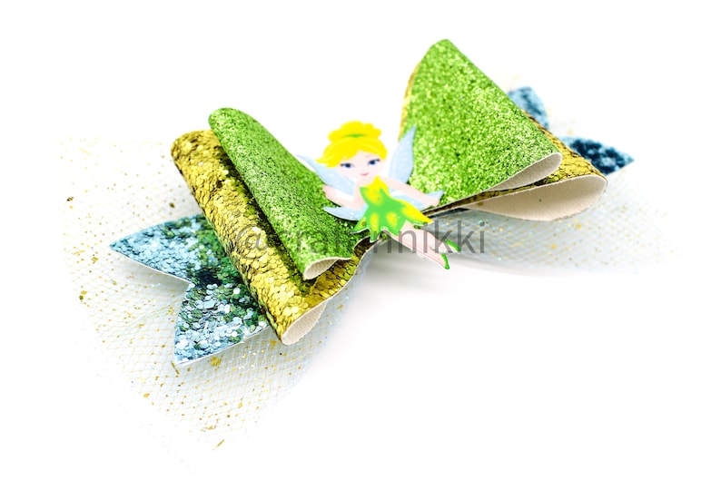 Cute Green Fairy Wing Chunky Glitter and Tulle Hair Bow Clip Straw Topper & Badge Reel Peter Pan wings image 10