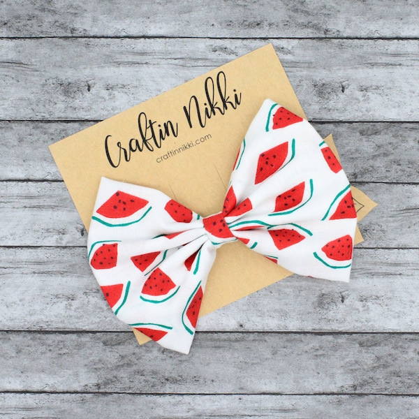 Watermelon Cotton Fabric Hair Bow Clip Set | Adult and Child Size Summer Fall Autumn Headbands | White and Red