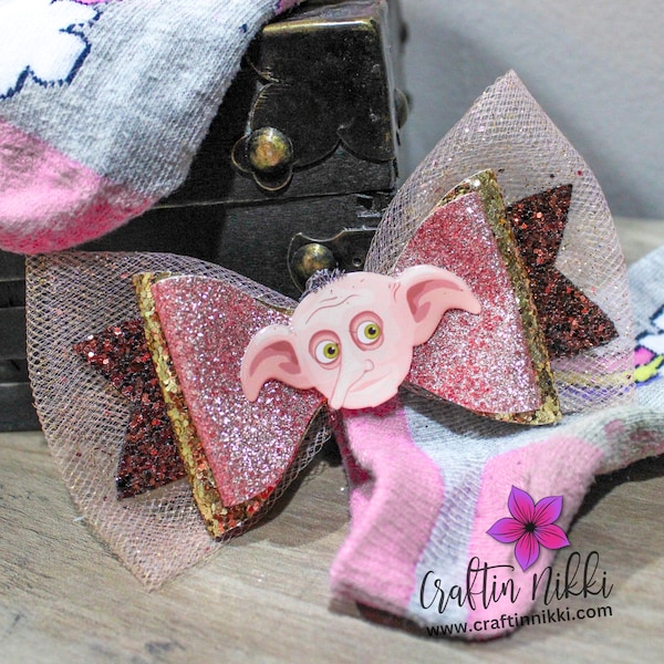 Cute Wizard School House Elf with Big Ears in Gold Chunky Glitter and Tulle Hair Bow Clip | Straw Topper, Badge Reel, & Pet Bows