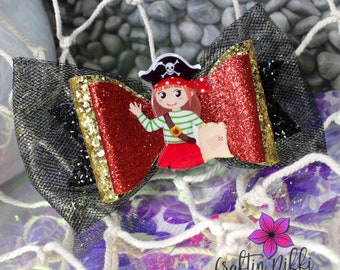 Pirate Girl with Hat Red and Black Chunky Glitter and Tulle Hair Bow Clip | Straw Topper & Badge Reel | Neverland Fantasy Ship