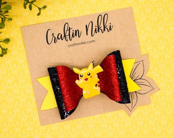 Yellow and Black Electric Monster Chunky Pocket Monster Glitter Leather Hair Bow Clip | Straw Topper and Badge Reel