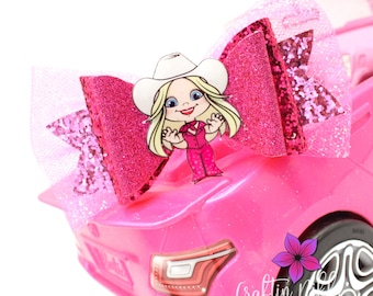 Cowgirl Hat Fashion Doll Pink and White Chunky and Fine Glitter and Tulle Hair Bow Clip | Straw Topper &  Badge Reel | Holiday Gift