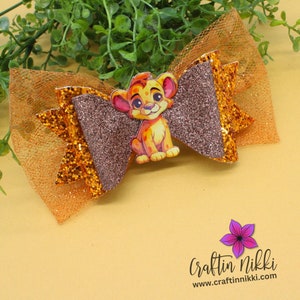 Lion Cub Orange Chunky Glitter Hair Bow Clip | Straw Topper & Badge Reel | African Lions King