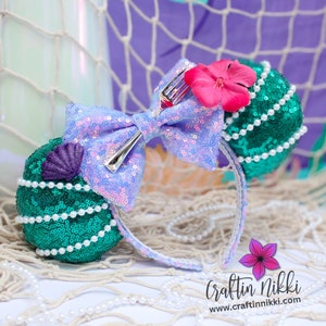 Green and Purple Mermaid Princess Sequin Ears with Fork and Seashell | White Pearls Bow Adjustable Headband | Little Mouse Sea Witch