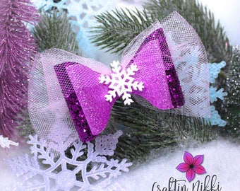 White and Pink Snowflake Glitter Hair Bow clip with Tulle Clip Bow Set | Straw Topper, Badge Reel, & Pet Bows | Frozen Queen