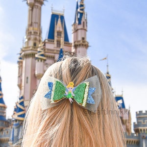 Cute Green Tinkerbell Fairy Chunky Glitter and Tulle Hair Bow Clip in Blonde Hair