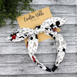 White and Black Mouse Cotton Fabric Tie Knot Bow Headband for adults & children | one size fits all | Minnie Christmas Gift