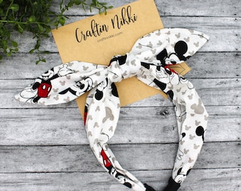 White and Black Mouse Cotton Fabric Tie Knot Bow Headband for adults & children | one size fits all | Christmas Gift