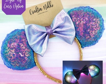 Light-Up Earidescent Mouse Ears | Green & Purple irridescent Sequin bow and headband | Green irridescent sequin fabric