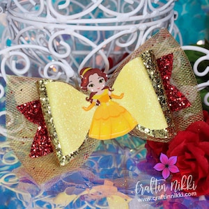 Yellow Princess Dress and Red Roses Chunky Fine Glitter and Tulle Hair Bow Clip | Straw Topper & Badge Reel | Beauty Beast Castle