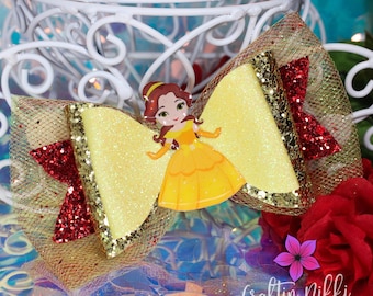 Yellow Princess Dress and Red Roses Chunky Fine Glitter and Tulle Hair Bow Clip | Straw Topper & Badge Reel | Beauty Beast Castle