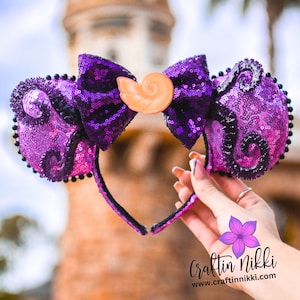 Evil Sea Witch Purple and Black Sequin Headband Ears | Dark Glitter Tentacles and Sea Conch Bow on Adjustable Headband | Brave Mermaid Mouse