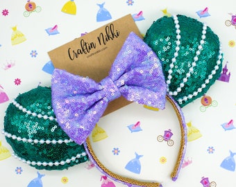 The Little Mermaid Princess Mouse Ears | Turquoise & Purple Sequin and White Pearls bow headband | Mermaid Sea Witch