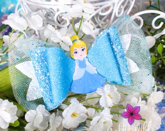 Cinderella Princess Blue Dress in Chunky Glitter and Tulle Hair Bow Clip | Straw Topper & Badge Reel | Holiday Gifts